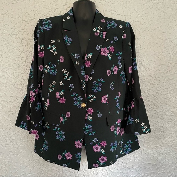 Lane Bryant The Bryant Blazer Green Floral Bell Sleeve Size 16 - Picture 5 of 9